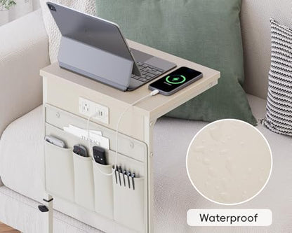 Vagusicc C-Shaped End Table with Charging Station, Small Side Table for Couch, 33" Tall C Table Adjustable Height Side Table, Couch Tables that Slide Under, Sofa Table TV Tray for Living Room, Cream - color: 1pc Cream White