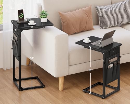 Vagusicc C-Shaped End Tables Set of 2 with Charging Station, 33'' Tall C Table Adjustable Height Side Table, Sofa Table for Couch, Couch Table that Slide Under Sofa, TV Trays for Living Room, Black - color: 2pc Black, style: With Plug