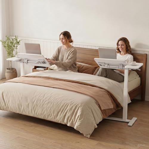 GTPLAYER Pneumatic Adjustable Standing Desk, 28 Inch Tiltable Mobile Rolling Laptop Table with Wheels, Overbed Bedside Table Computer Workstation for Home Office, White - color: White