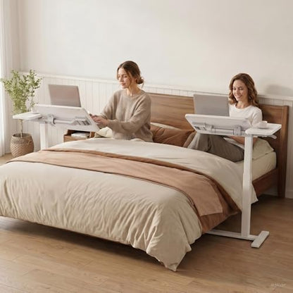 GTPLAYER Pneumatic Adjustable Standing Desk, 28 Inch Tiltable Mobile Rolling Laptop Table with Wheels, Overbed Bedside Table Computer Workstation for Home Office, White - color: White