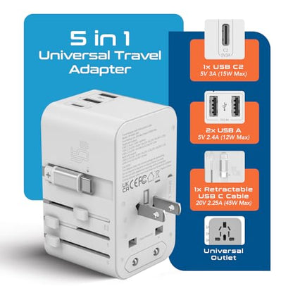 Ceptics 5 in 1 International Travel Adapter with PD 45W Retractable USB-C Cable 65cm, 2X USB-A 2.4A, 1x USB-C 3A, Travel Adapter Worldwide for Laptop, Phones and Cameras for US, EU, UK, UP-45WC-WH - color: White/Silver