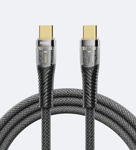 100W USB-C to USB-C Cable Transparent Fast Charging 480Mbps Data Braided Nylon LED E-Marker for Laptops Tablets Phones - Black