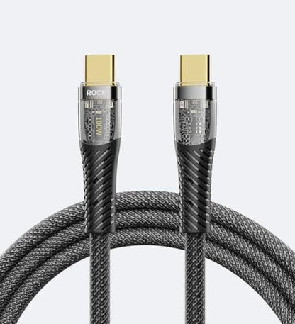 100W USB-C to USB-C Cable Transparent Fast Charging 480Mbps Data Braided Nylon LED E-Marker for Laptops Tablets Phones - Black