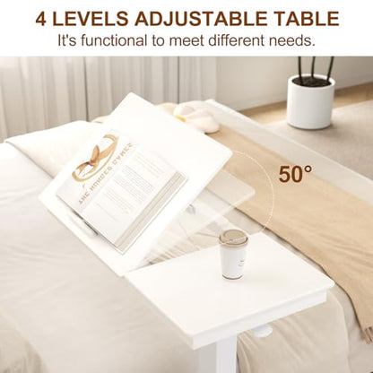 Muwuele Solid Wood Overbed Bedside Table with Wheels, Adjustable Medical Tilt Top Hospital Bed Table Over The Bed, Rolling Laptop Desk, Mobile Standing Desk for Hospital and Home Use (White) - color: White