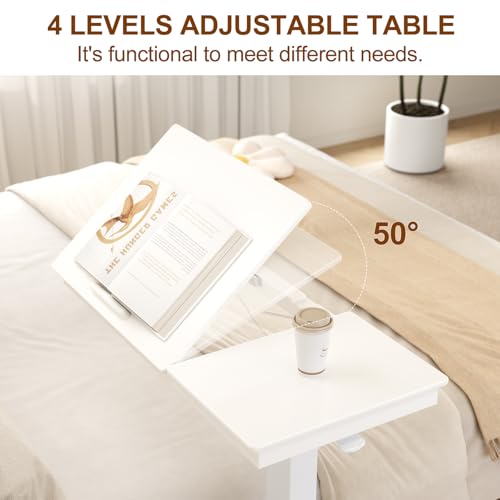 Solid Wood Overbed Bedside Table with Wheels, Adjustable Medical Tilt Top Hospital Bed Table Over The Bed, Rolling Laptop Desk, Mobile Standing Desk for Hospital and Home Use (White) - color: White