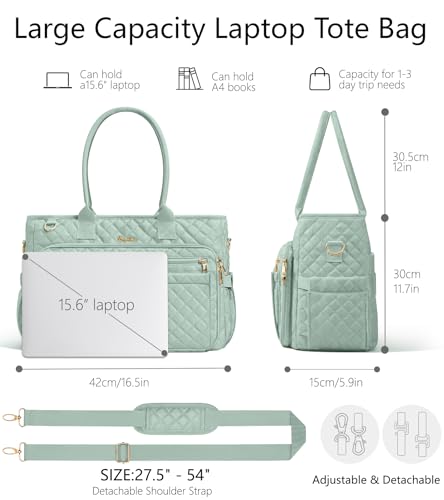 Bagstellar Teacher Tote Bag for Women, 15.6" Laptop Work Tote Computer Bag | Quilted Bible Nurse Bag with 40oz Cup Holder, Insulated Pocket & Strap, Large Laptop Briefcase for School Travel Office Gifts - color: Sage Green