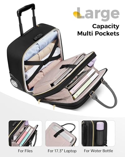 MATEIN Personal Item Rolling Briefcase with Large Wheels, Airline Approved Rolling Laptop Bag Women Men Roller Computer Bag 17.3 Inch, 18x14x8 Anti Theft Underseat Carry On Luggage for Travel Work