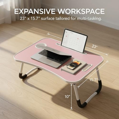 BUYIFY 23" Foldable Lap Desk for Laptop Writing w/Cup Holder Pink | Sturdy and Durable, Laptop Bed Desk with Tablet Slot, No Assembly, Space Saving for Bed Couch Dorm WFH Students - color: Pink