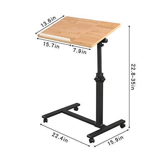 TigerDad Overbed Bedside Desk Mobile Rolling Laptop Stand Tilting Overbed Table with Wheels Height Adjustable Tray Table for Laptop Bed Sofa Side Table (Wood) - color: Wood