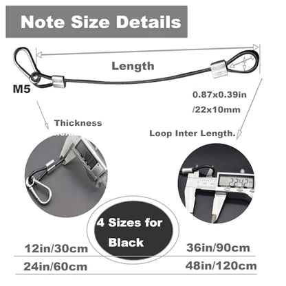 10 pcs 12 inch Vinyl Cover Coated Stainless Steel Wire Rope Lanyard Cable Tether Safety Strap with Hooks and 2 Loops (4mm Thickness), Black - color: 10pcs_Black, size: 12"/30cm