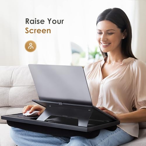 Laptop Lap Desk with 8 Angles – Up to 15.6" Laptop, Black | Built-in mouse pad, phone & pen slots, dual-cushion base, anti-slip design, raises the screen, for home office, bed, sofa - color: Black