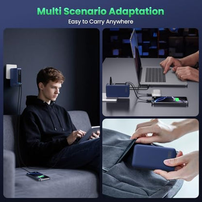 120W USB C Charger Block with 2 Built-in Retractable Cables,4-in-1 GaN IV Foldable Plug Wall Charger Fast Charging Station,PD 65W Laptop Adapter for Macbook/iPad,iPhone 17/16/15/14,Android (Dark Blue) - color: Dark Blue