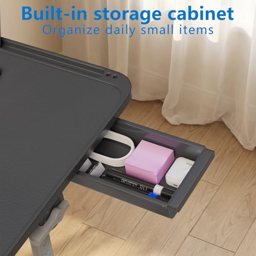 Potuopy Lap Desk Combo, Adjustable Foldable Bed Tray Table with Storage Drawer & Wood Grain Surface, Laptop Stand with Cushion, Wrist Pad, 2 Upgraded Mouse Pads, Tablet & Phone Slots, Supports 17" Lap