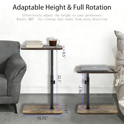 TV Tray Table for Couch, 360° Swivel & Height Adjustable C-Shaped End Table Slides Under Sofa – Space-Saving Laptop Desk & Snack Stand, Laptop Desk & Side Table for Small Spaces, Rustic Brown