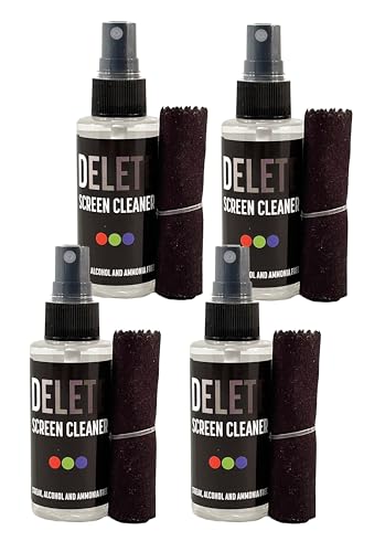 Delete Screen Cleaner Spray Kit 4 Pack 2oz Bottle, 12"x12" Microfiber Cloth | Streak-Free, Safe and Gentle Cleaning Formula, Multi-Purpose for Travel, Small TVs, Cameras, Laptops, Phones, Made in USA - style: 4 Pack, 2oz