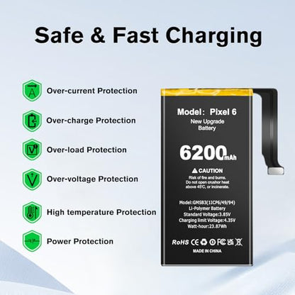 6200mAh Battery for Google Pixel 6, Higher Capacity New 0 Cycle Battery Compatible with HTC Google Pixel 6 Model GB7N6, G9S9B16 with Repair Tool Kits and Adhesive/Waterproof Adhesive
