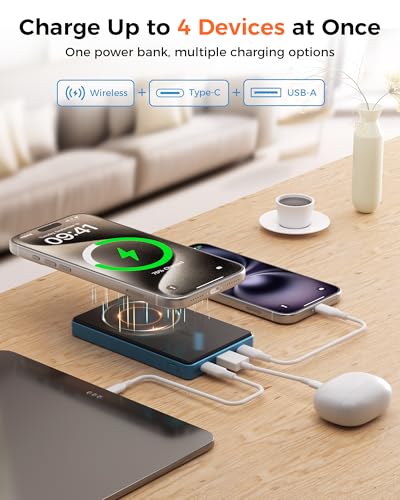 PD 35W Magnetic Power Bank 10000mAh, Fast Charging Portable Charger, Cyan | with Smart Digital Display, Slim Wireless Battery Pack for iPhone 17/16/15/14/13/12, Samsung & Android, Charge 4 Devices - color: Cyan