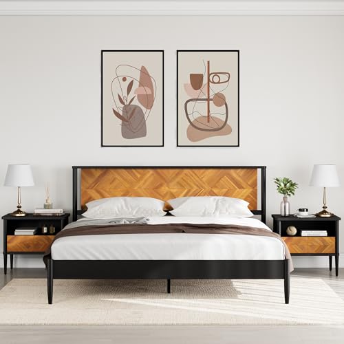 Howizz Lenia 3 Pieces Bedroom Set, Queen Bed Frame with 2 Matching Nightstands – Modern Wood Platform Bed Set, Chevron Diamond Design, No Box Spring Needed, Slatted Support (Teak Brown, Queen) - color: Teak Brown, size: Set Queen + 2 Nightstands