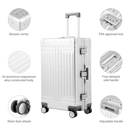 All Aluminum Carry On Luggage，Cut from Whole Aluminum Sheet，22x14x9 Airline Approved ，（3rd Generation，Premium Metal zipperless suitcase ） (silvery, 26inch) - color: silvery, size: 26 inch