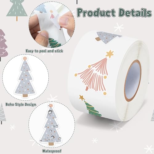 CNhoqc Boho Tree Sticker Rolls, 1000 Pcs Boho Coquette Style Pine Tree | Waterproof Vinyl Reusable Laptop Sticker Coloring Book Scrapbook Water Bottle Page Activity Pad Party Favors Junk Journal - style: Boho Christmas Tree