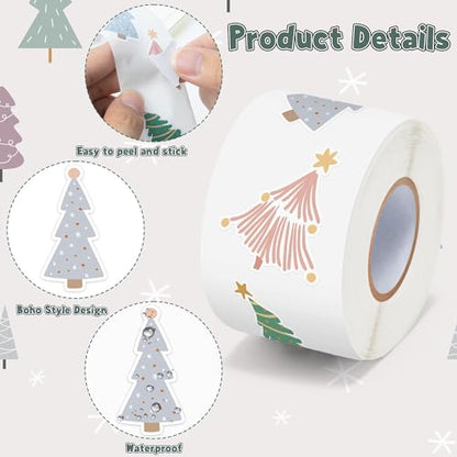 CNhoqc Boho Tree Sticker Rolls, 1000 Pcs Boho Coquette Style Pine Tree | Waterproof Vinyl Reusable Laptop Sticker Coloring Book Scrapbook Water Bottle Page Activity Pad Party Favors Junk Journal - style: Boho Christmas Tree
