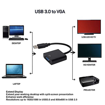 Zopsc USB 3.0 to VGA Adapter Cable, 5Gbps, HD 1080P, 15Pin Female, Multi Display Support, No External Power Supply, for PC, Laptops, Desktops, Black - color: Black