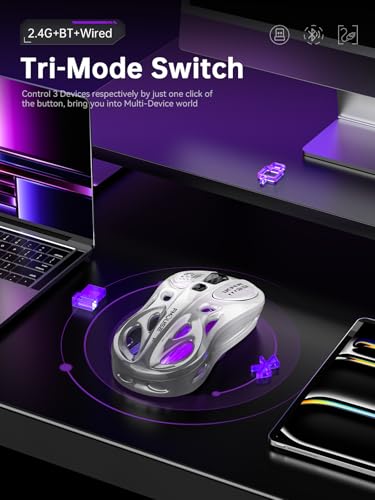 FMOUSE Wireless Mouse Tri-Mode 2.4G & Dual Bluetooth & Wired, Hollow RGB, 65g, 4800 DPI, USB-C Rechargeable, Gaming & Office, for Mac Laptop iPad PC – White & Gray - color: White and Gray Gradient
