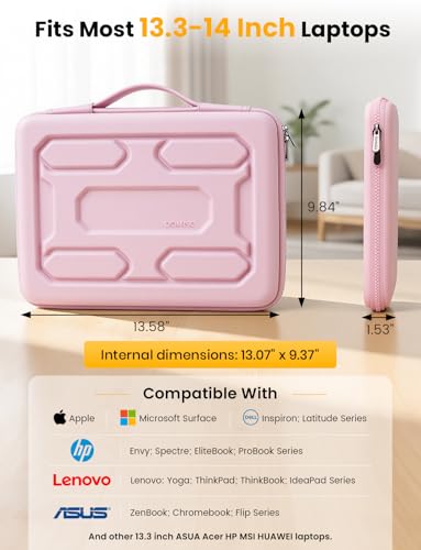 DOMISO Laptop Hard Case 14-14.4 inch Waterproof Shockproof Hard Shell Laptop Sleeve with Handle & Storage Pocket, Compatible with MacBook, HP, Dell,Pink - color: Pink, size: 14 inch
