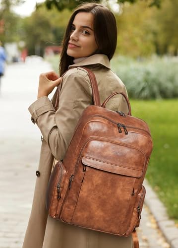 17 inch Laptop Backpack for Women, Leather Computer Backpack Purse - color: Brown