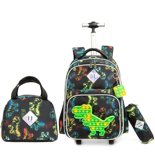 Kids Rolling Dinosaur Backpack for Boys Luggage Suitcase With Wheels Trolley Wheeled POP Roller Backpacks for Elementary Travel School Bags 17" 3PCS Toy Backpack With Lunch Box Green - color: 041123-konglong