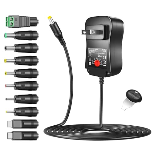 Belker 36W Universal 3V 4.5V 5V 6V 7.5V 9V 12V USBC AC Adapter with 10 Tips | Power Supply for Household Electronics Routers TV boxes LCD CCTV Cameras - 0.5A 1A 1.5A 2A 2.5A 3A 2500mA Max - size: 36w 3-12v 3a