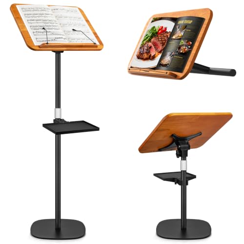 2 in 1 Dual-use Music Stand & Desktop Book Stand, Adjustable Height 16.5"-51", 100% Solid Wood Laptop Floor Stand Book Holder with Elastic Page Clips for Cookbooks (Brown with Tray) - color: Brown With Tray