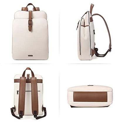CLUCI Leather Backpack for Women, 15.6 inch Laptop Bag, Large Genuine Work Backpack Travel Back - color: 0-0 Beige With Brown