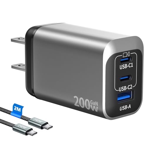 200W USB C Charge Block,3 Port PD 100W GaN Charger,Multi Port Fast Charging Station Hub for Multiple Devices,Compatible with MacBook/iPad/iPhone/Laptop/Galaxy/Android Cell Phone with 2M C-C Cable