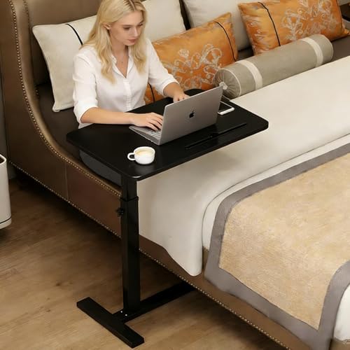 BeGyoku Overbed Table,Over The Bed Table with Hidden Wheels&Cup Holder,Adjustable Bedside Table and Rolling Table Tray&Laptop Cart,Hospital Table Over Bed for Home Use (Black) - color: Black
