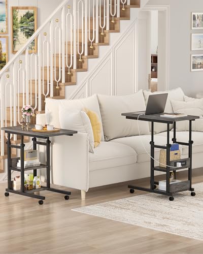 Height Adjustable End Table with Charging Station, Mobile C Shaped Laptop Side Table with Wheels, 3-Tier Sofa Couch Table with Storage Shelve for Living Room Bedroom, Grey Oak - color: Grey Oak