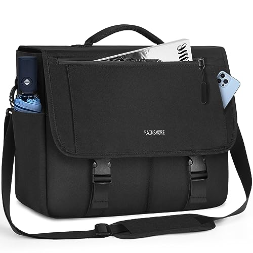 RAINSMORE Messenger Bag for Men Messenger Bag 15.6 Inch Water Resistant Laptop Bag Casual Satchel Bags for Men Large College Computer Bag Office Work Briefcase Fashion Crossbody Shoulder Handbag Black