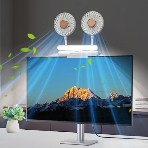 Monitor Fan with LED Lights, USB Desktop Fan with 2 Rotatable Heads, 3 Speeds Desk Fans Small Quiet with Sturdy Adjustable Clamp, Strong Wind Office Personal Cooling Fans for Laptop, Desktop. - color: Gray Fan with Lights