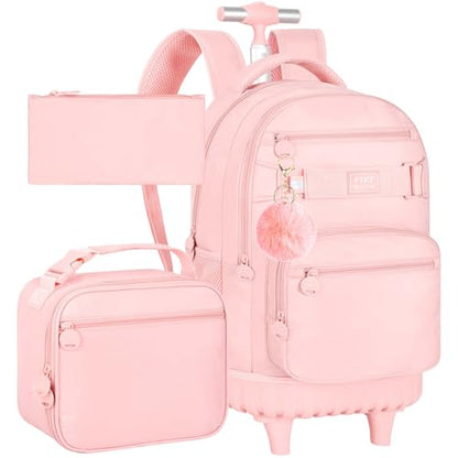 3Pcs Rolling Backpack for Girls Women, 19 Inche School Roller Backpacks with Wheels, Adults Wheeled Bookbag with Lunch Box(Pink) - color: Classic Pink