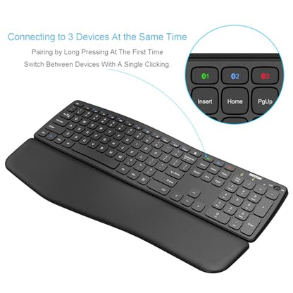 Arteck Bluetooth Keyboard Universal Wave Comfortable Keypad with Palm Rest Multi-Device Full Size Wireless Keyboard for Windows iOS iPad OS Android, Computer Desktop Laptop Surface Tablet Smartphone