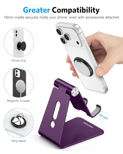 OMOTON C2 Adjustable Cell Phone Stand with Charging Cutout, Deep Purple | Sturdy 3mm Aluminum, Charging Port, 270° Adjustable, Non-Slip Silicone Pads, Works with Thick Cases, for All Smartphones - color: Deep Purple