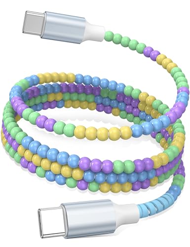 USB C to USB C Cable 6FT,60W Beaded Charger Cord Fast Charging for iPhone 17 16 15 Pro Max/iPad Pro Air 11th/for Samsung S26 S25 S24 Ultra S23/Android Phone Charger Cord Cute Girls Women,Blue-Yellow - color: Blue-Green-Purple-Yellow Mixed, size: 6FT/2M