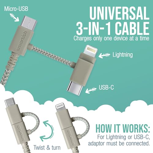 Smartish USB-C/Lightning Cable 17/16/15/14/13/12 - Crown Joule - 6 Foot Universal Fast Fabric Wrapped Charging Cable w/Micro-USB - MFi Certified 13/12/SE/iPad/AirPods/Android - Tan - color: Lightly Toasted Beige, size: USB to USB-C/Lightning/Micro