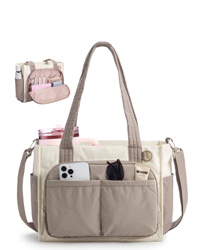 BAGSMART Small Tote Bag for Women, 13'' Laptop Canvas Work Bag with Zipper | 30oz/40oz Tumble & 11 Pockets Travel Tote, Teachers/Nurses, Lightweight Canvas or Water-Resistant Puffer Taslon Crossbody Bag - color: 12l Small Latte Brown, size: Puffy Taslan
