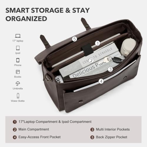 RAINSMORE Messenger Bag for Men 17” PU Laptop Flap Retro Briefcase Waterproof Satchel Bag for Office Business Travel College - color: Coffee