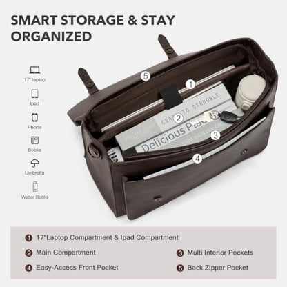 RAINSMORE Messenger Bag for Men 17” PU Laptop Flap Retro Briefcase Waterproof Satchel Bag for Office Business Travel College - color: Coffee