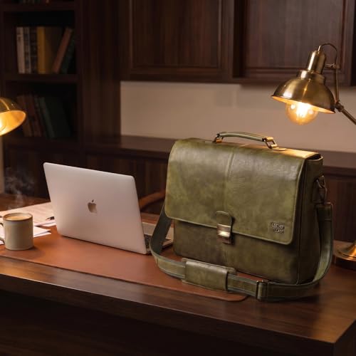 Leather Messenger Bag for Men & Women, 16'' Handmade Laptop Briefcase Satchel, Crossbody Shoulder Office Bag for Work, Travel - color: Olive