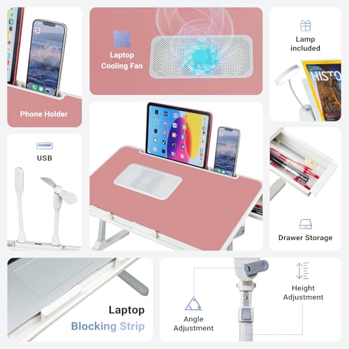 Adjustable Laptop Lap Desk with Cooling Fan USB Light for Adults 56x32cm,Pink - color: Pink+holder,56x32cm