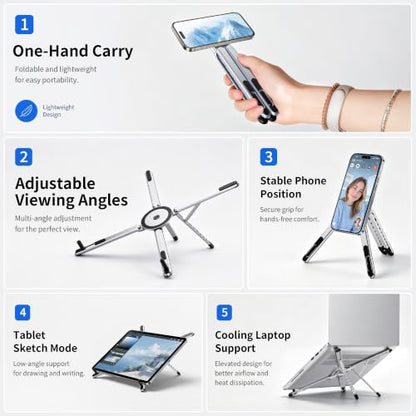 Portable Laptop Stand, 3-in-1 Magnetic Foldable Adjustable, for Desk（White） | Aluminum alloy, lightweight compact, 8-level height, ergonomic, for phone/tablet, home office/travel - color: E05S-White