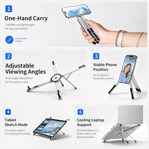 Portable Laptop Stand, 3-in-1 Magnetic Foldable Adjustable, for Desk（White） | Aluminum alloy, lightweight compact, 8-level height, ergonomic, for phone/tablet, home office/travel - color: E05S-White